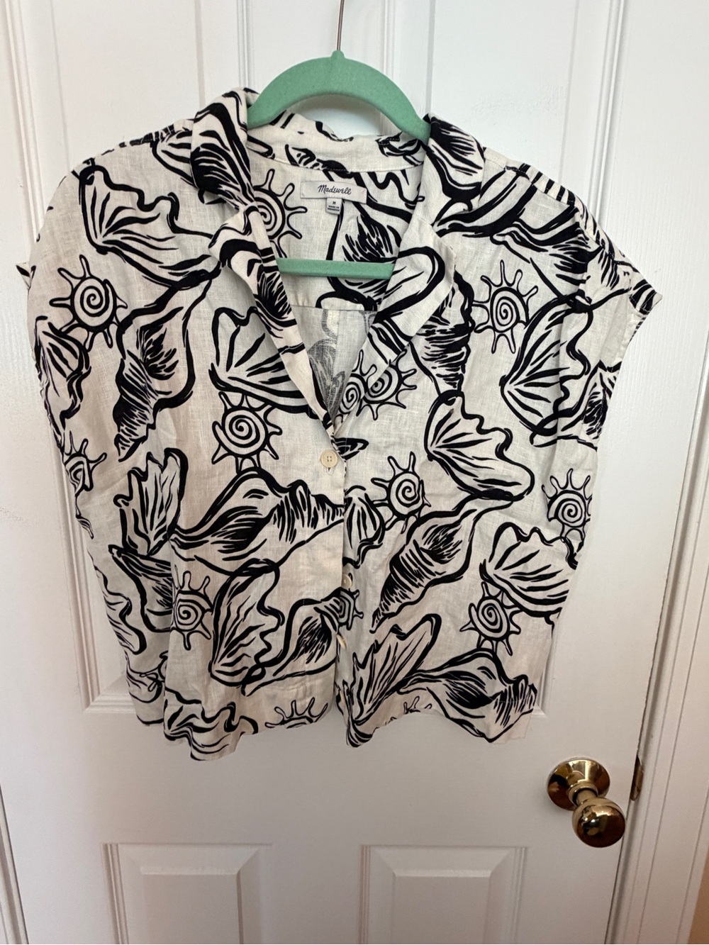 Madewell Black & White Printed Short Sleeve Button-Up Top Size Medium
